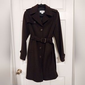 Calvin Klein Women's Dark Brown Wool and Cashmere Blend Coat with Belt Size 2